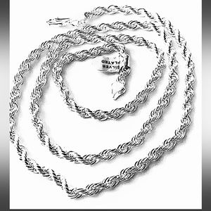 Rope silver plated chain. 29” long, 6 mm width.  Made in Korea